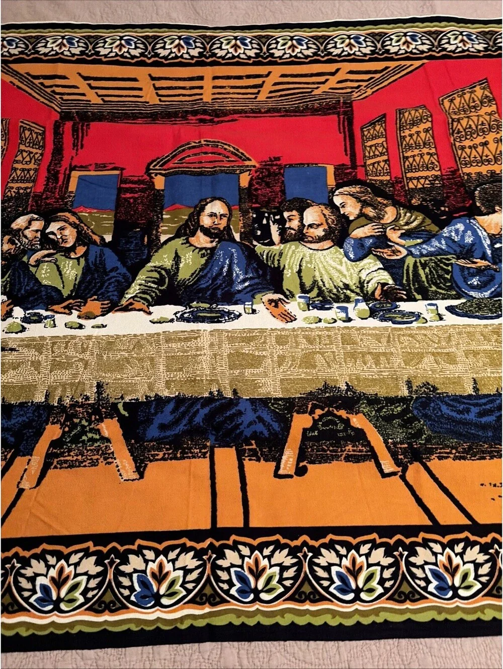 Vintage Tapestry Fabric Wall Hanging Sacred Heart Jesus Last Supper EUC Large